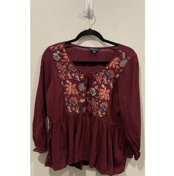 AMERICAN EAGLE Burgundy Embroidered Tie Blouse - Picture 1 of 5